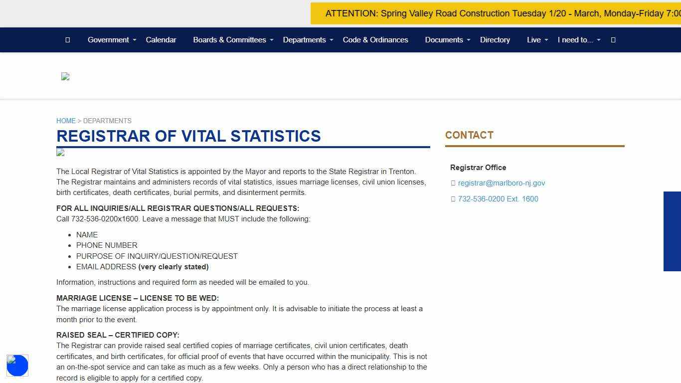 The Official Website of Township of Marlboro, NJ Marlboro, NJ - Registrar Of Vital Statistics