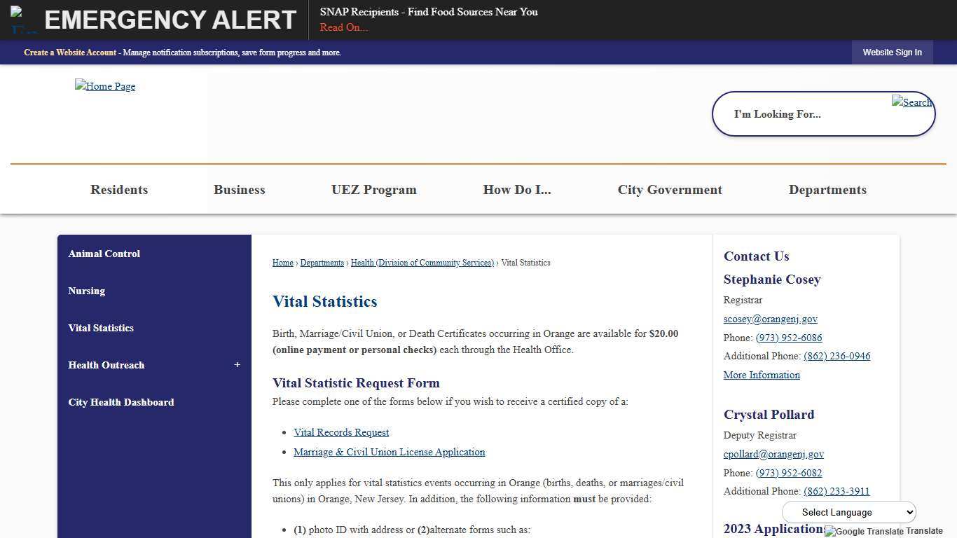 Vital Statistics Orange City Township, NJ
